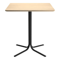Light wood square tabletop with a sleek black metal base, minimalistic design for modern decor.