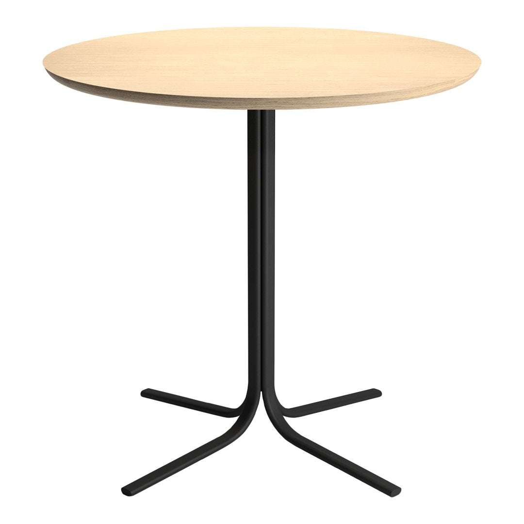 Natural wood round table with a light beige top and a sleek black metal base. Minimalist design, perfect for modern spaces.