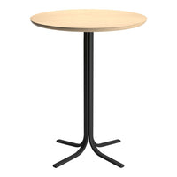 Natural wood tabletop with a smooth finish, supported by a sleek black metal base. Simple, modern design.
