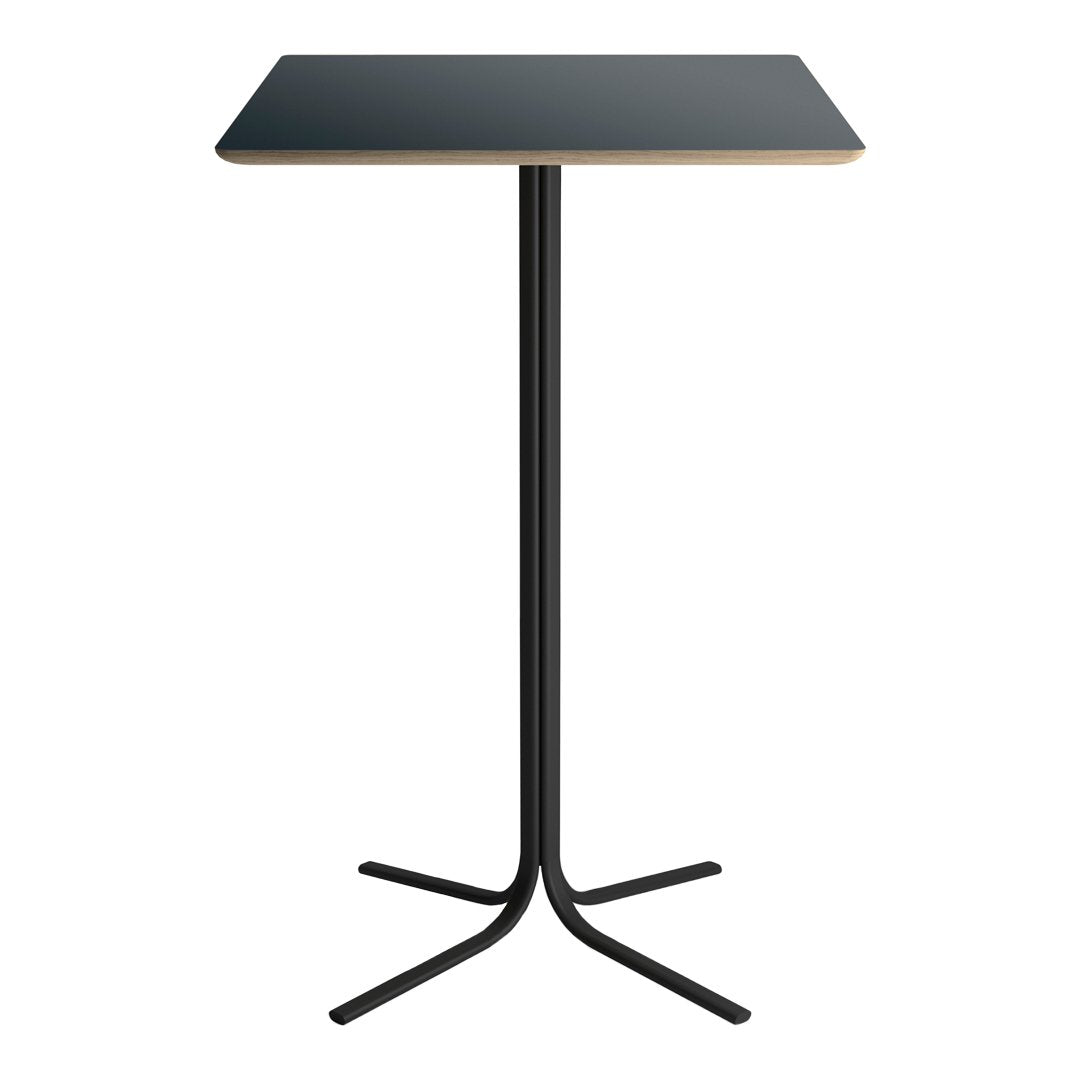 Black square tabletop with a natural wood edge, supported by a sleek black metal base. Modern and minimalist design.