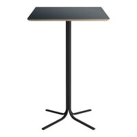 Black square tabletop with a natural wood edge, supported by a sleek black metal base. Modern and minimalist design.