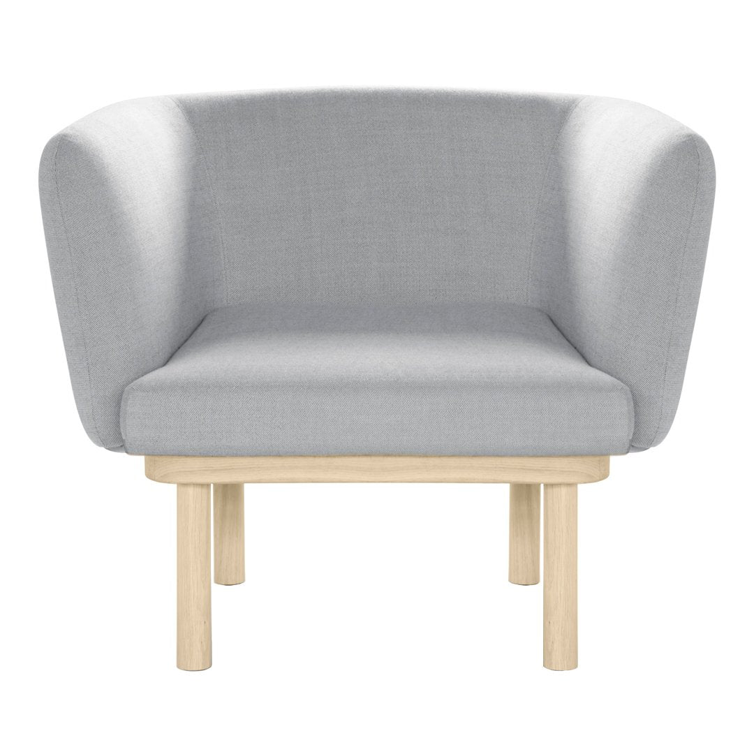 Gray upholstered chair with smooth fabric and light wooden legs, featuring a modern, minimalist design.