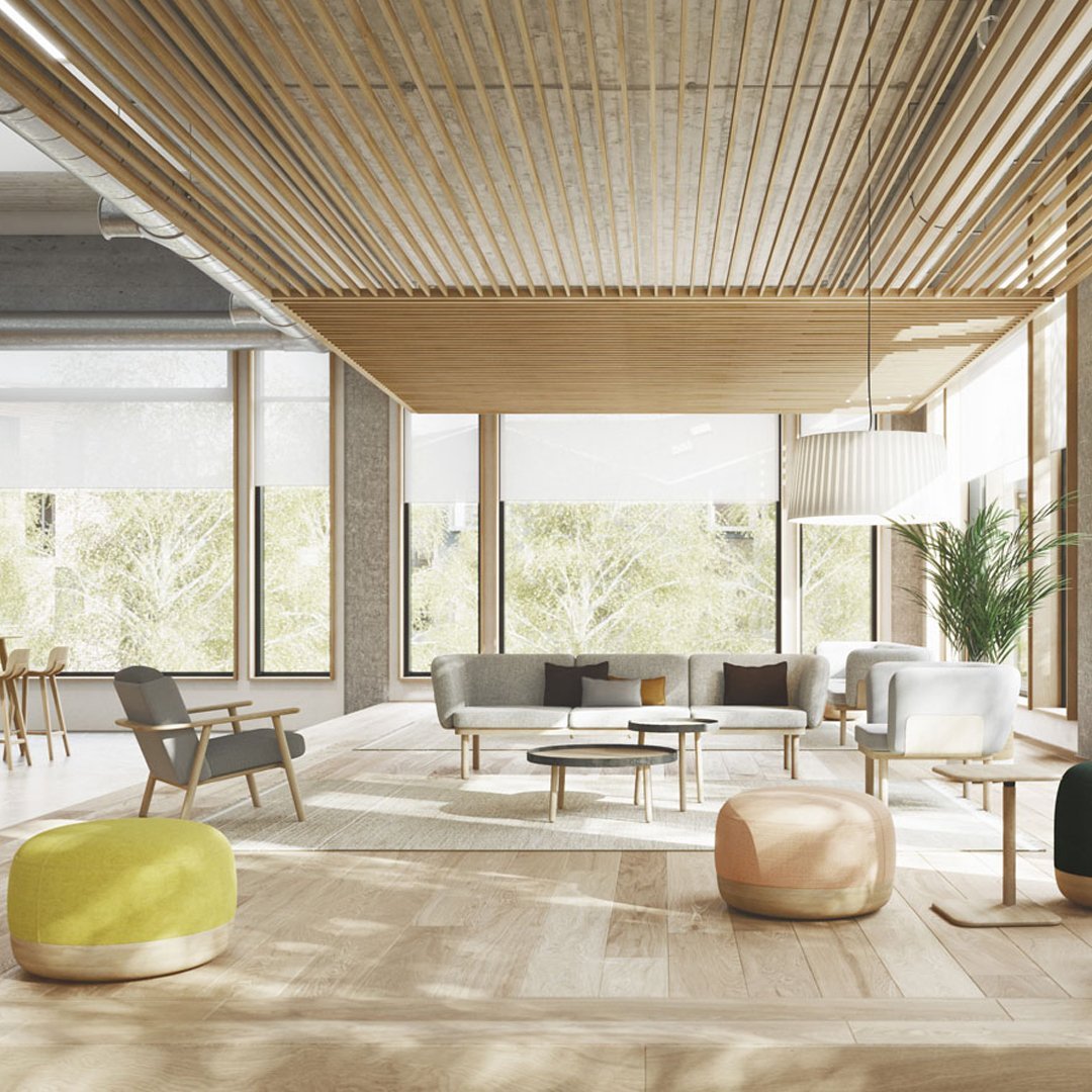 Modern living room featuring neutral gray and beige furniture, colorful poufs in yellow and pink, and natural wood accents.