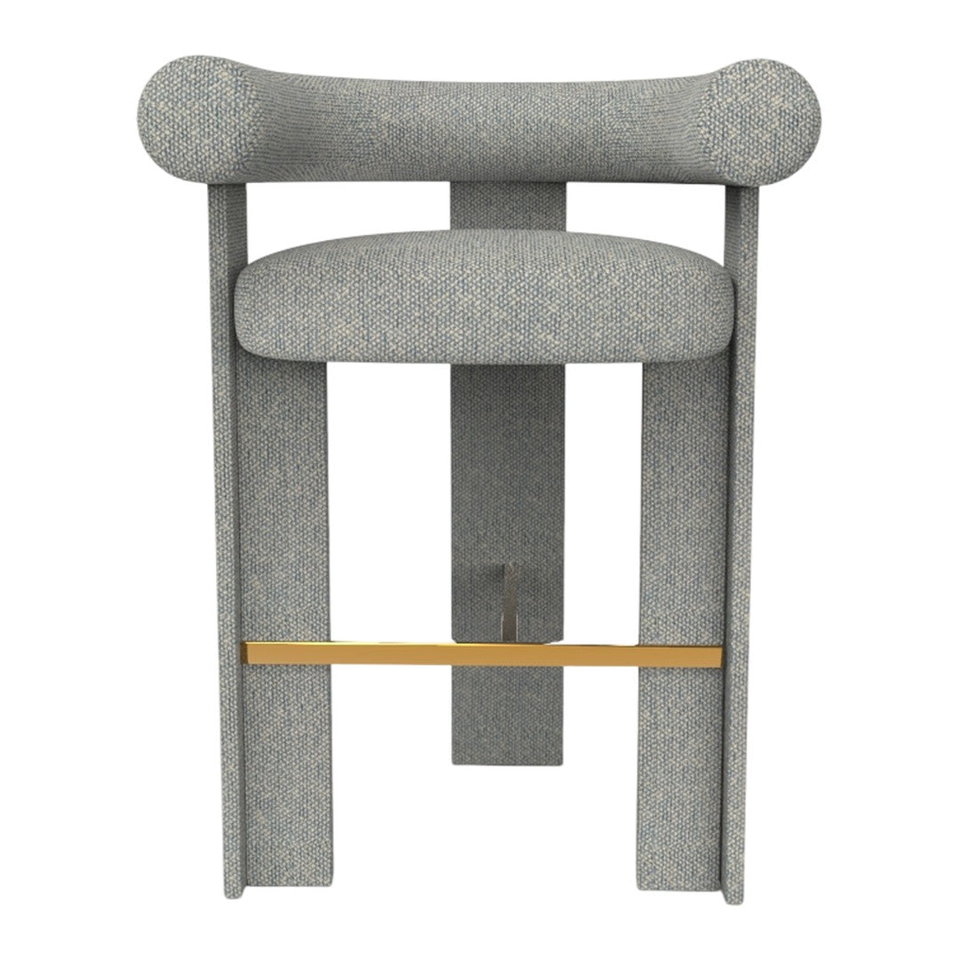 Gray upholstered bar stool with rounded back, featuring subtle flecks and a natural wood footrest.
