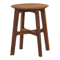 "Round wooden stool with a rich walnut finish and smooth, simple design."