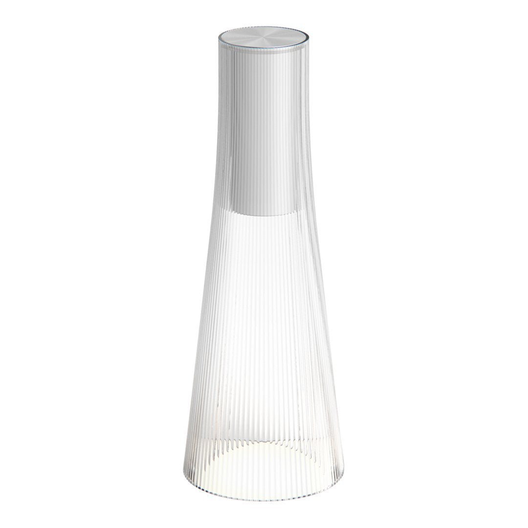 Clear glass carafe with sleek silver lid, featuring subtle vertical ribbed pattern. Elegant and modern design.