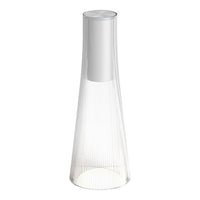 Clear glass carafe with sleek silver lid, featuring subtle vertical ribbed pattern. Elegant and modern design.