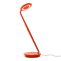Sleek modern desk lamp in vibrant orange with a circular shade and smooth base. Ideal for stylish lighting.
