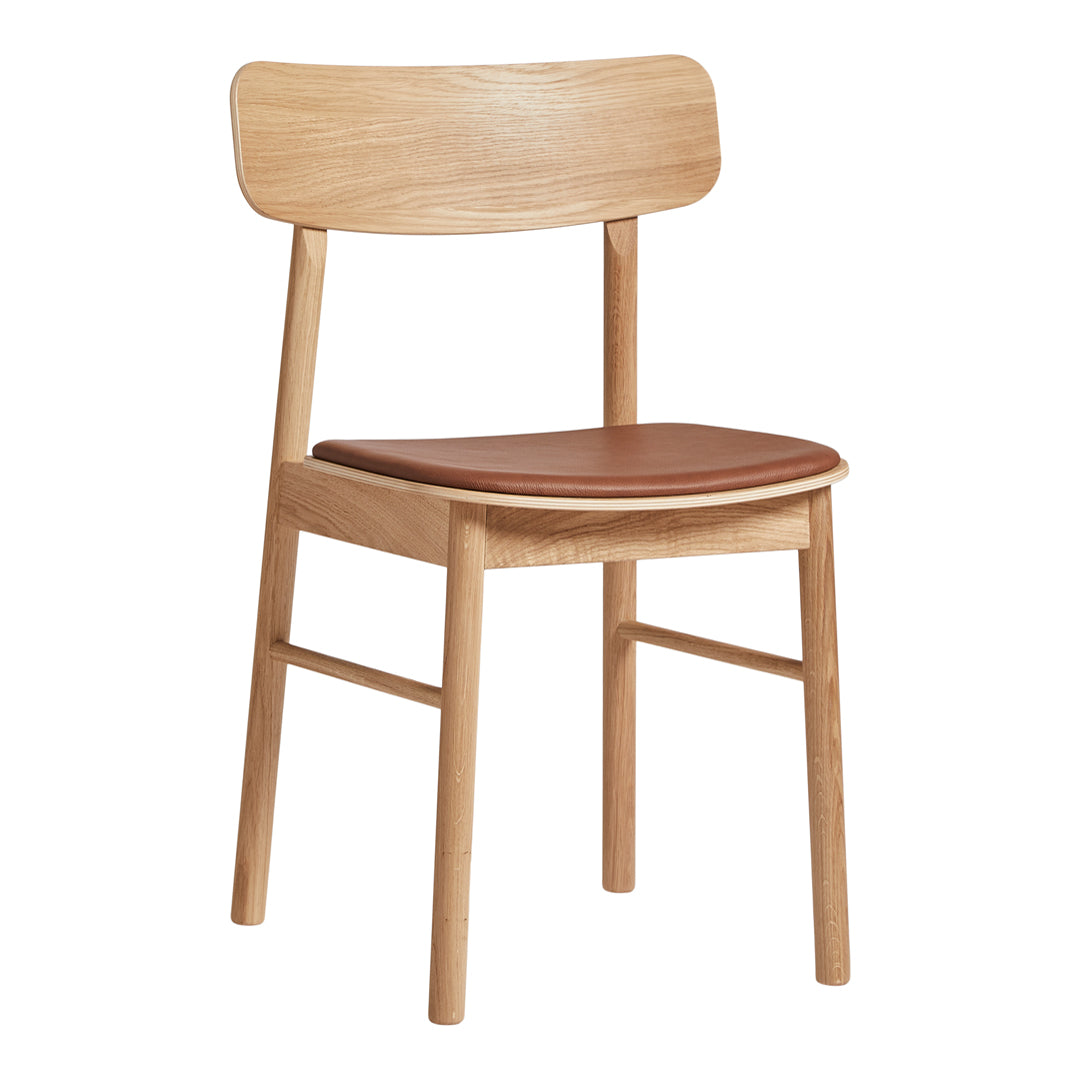 Natural wood chair with light oak finish and a smooth, brown leather seat, featuring a minimalist design.