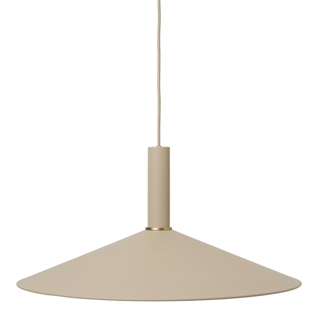 Beige cone-shaped pendant light with a matte finish and sleek gold accent. Perfect for modern decor.