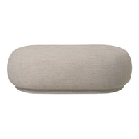 Light beige upholstered oval ottoman with a smooth, textured surface. Perfect for modern decor.