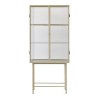 Light beige glass cabinet with a minimalist design and a sleek, modern frame, featuring clear glass panels.