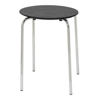 Black round table top with sleek chrome legs, featuring a minimalist design without patterns. Perfect for modern decor.