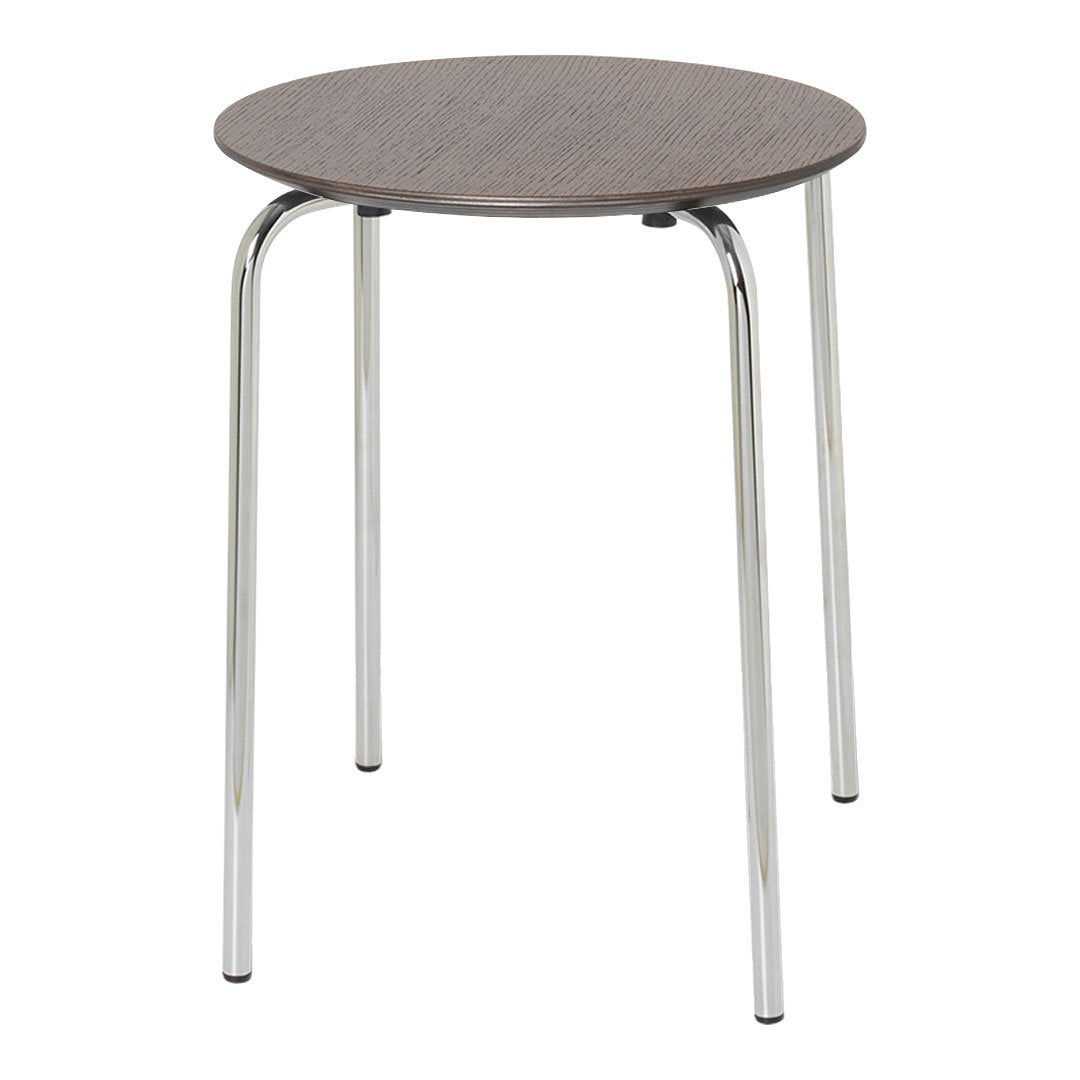 Round wooden stool with a dark wood finish and sleek chrome legs, offering a modern, minimalist look.
