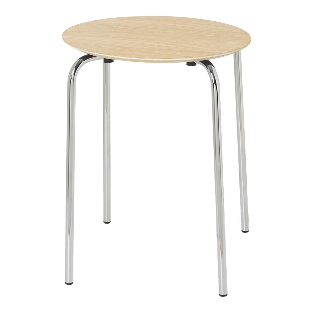 Round wooden table with a natural finish and sleek chrome legs, featuring a minimalist design without patterns.