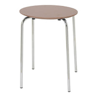 Round brown tabletop with sleek chrome legs, minimalistic design suitable for various decor styles.