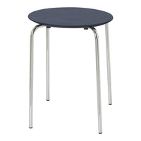 Round navy blue tabletop with sleek chrome legs, featuring a simple and modern design.