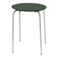 Round green top stool with chrome legs, featuring a smooth, minimalist design. Perfect for any modern space.