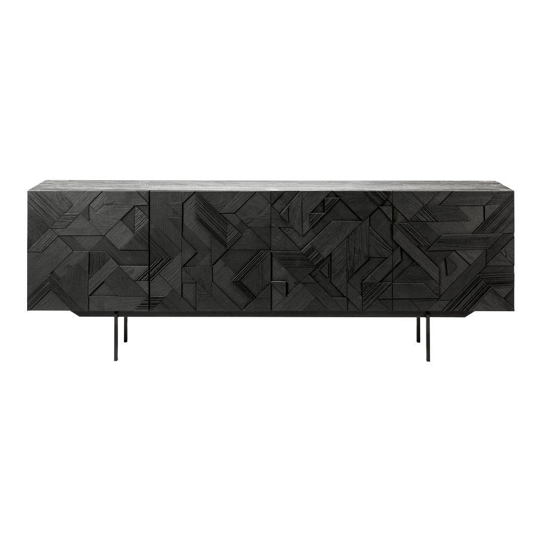 Black geometric patterned sideboard with textured finishes and sleek metal legs, perfect for modern decor.