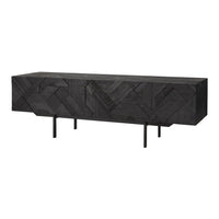 "Black wooden sideboard featuring a geometric pattern and sleek metal legs."