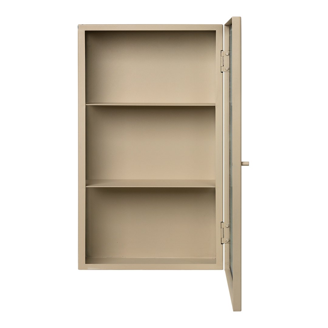 Beige cabinet with three open shelves and a sleek door, showcasing a minimalist design and neutral color palette.