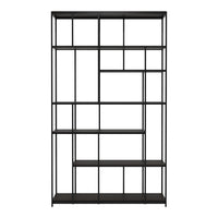 Sleek black metal bookshelf with an open geometric design and varying shelf heights. Perfect for modern decor.