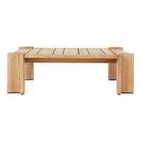 Natural wood coffee table in warm, light brown tones with a sleek, slatted design and minimalist structure.