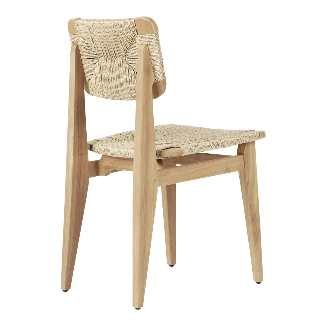 Natural wood chair with a woven beige seat and backrest, featuring a minimalist design and clean lines.