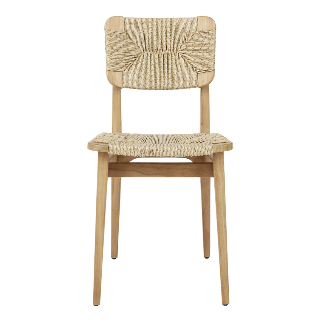 Natural wood chair with a textured beige woven seat and backrest, minimalistic design and warm earthy tones.