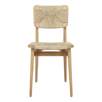 Natural wood chair with a textured beige woven seat and backrest, minimalistic design and warm earthy tones.