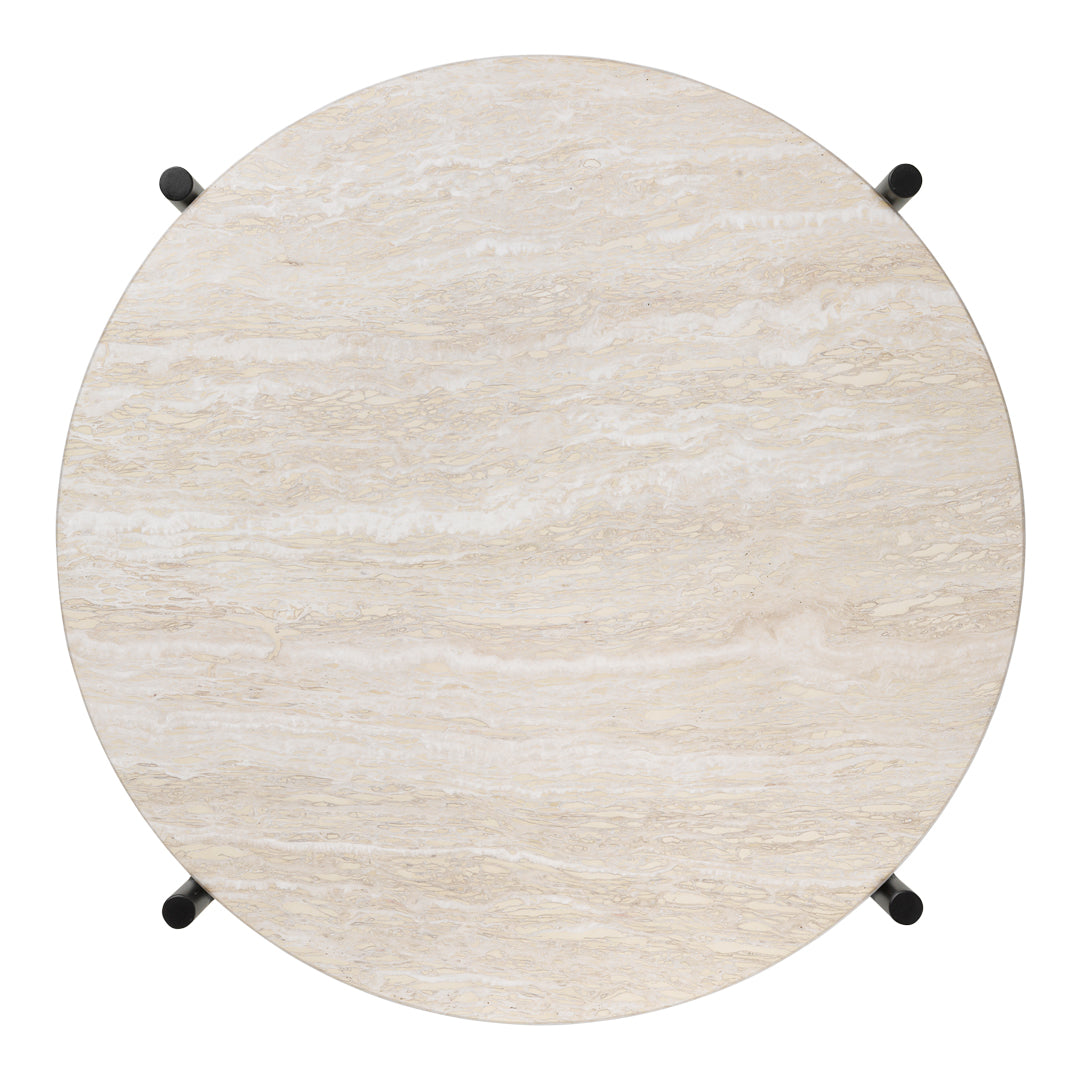 Round light beige marble tabletop with subtle veining and a smooth finish, complemented by black metal legs.