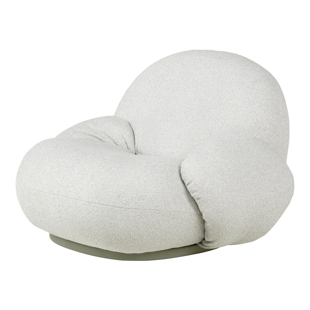 Cozy, light gray cushioned chair with a smooth, rounded shape and minimalistic design for modern interiors.