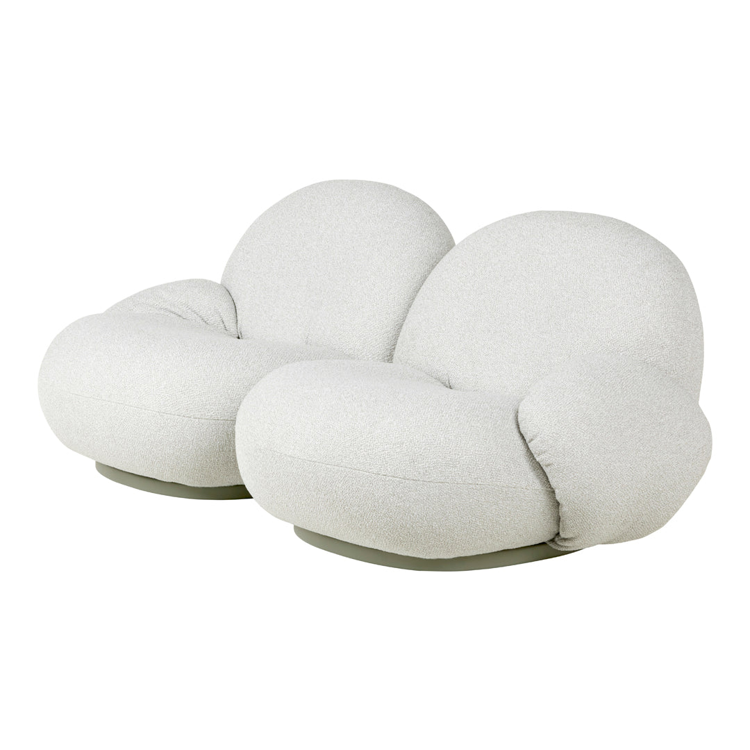 Soft white plush two-seater sofa with smooth, rounded shapes and a cozy, inviting texture.