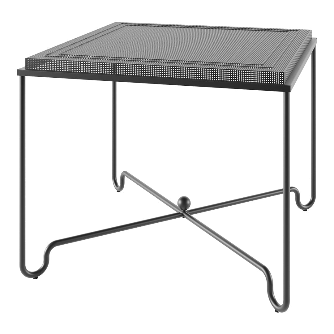 Gray square side table with a textured surface and sleek black metal frame, perfect for modern decor.