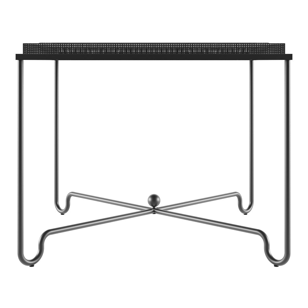 Black square table with a textured top and sleek metal legs in a chrome finish, featuring a minimalist design.