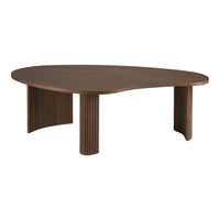Brown wooden table with a sleek, curved design and ribbed column legs, perfect for modern decor.