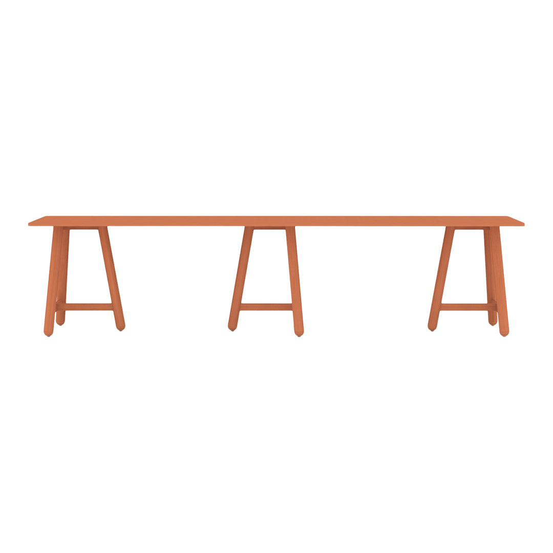 Rust-orange wooden table with a sleek, minimalist design and simple leg pattern, perfect for modern decor.