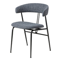 Gray upholstered chair with a modern, textured fabric design and sleek black metal legs. Perfect for contemporary spaces.