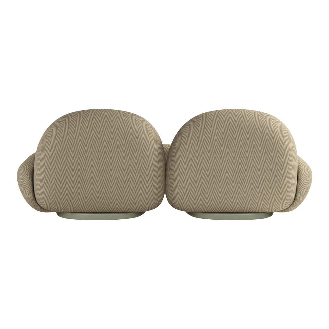 Beige, textured upholstery with a subtle diamond pattern, featuring rounded shapes and soft edges.