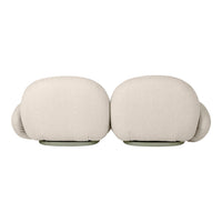 Beige upholstered couch with rounded edges and green base, featuring a simple and modern design.