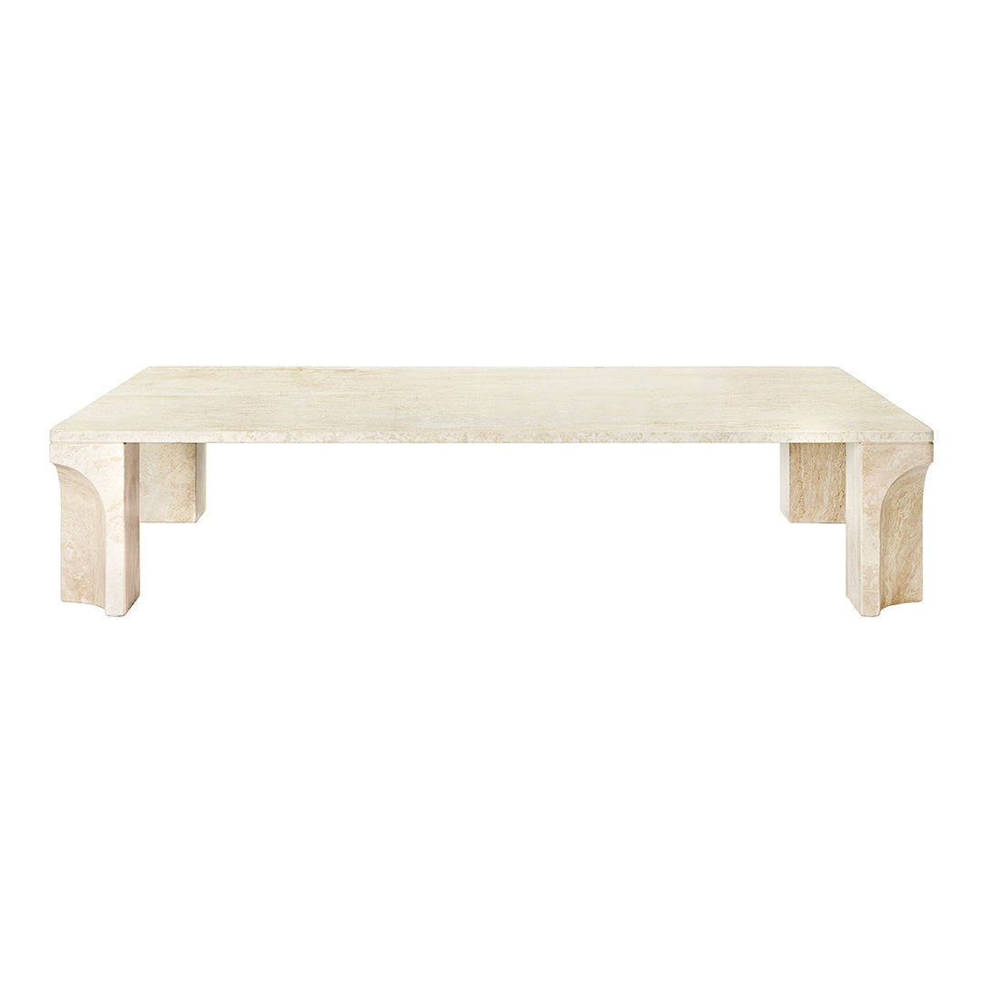 Beige rectangular coffee table with a smooth, minimalist surface and geometric legs. No patterns or textures visible.