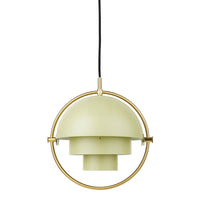 Sleek green pendant lamp with a gold accent, featuring a modern circular design and layered shades.