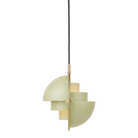 Modern pendant lamp in soft green, featuring layered circular patterns and sleek gold accents. Minimalistic design.