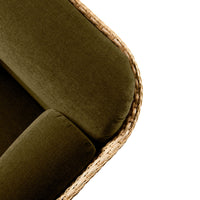 Olive green velvet fabric with natural woven accents, featuring a smooth texture and elegant design.