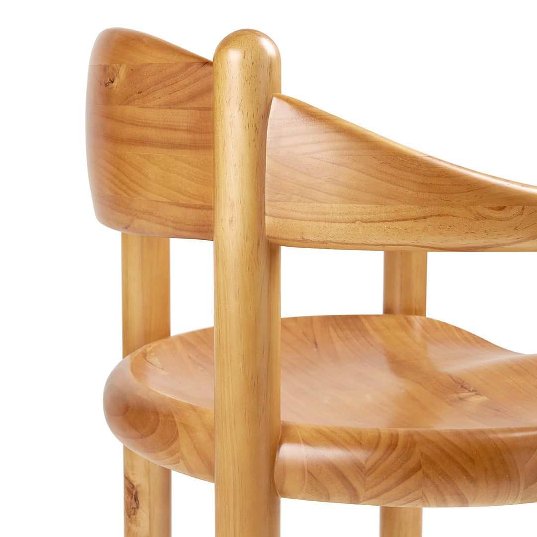 Natural wood chair with a smooth, light honey finish and elegant, curved backrest design.