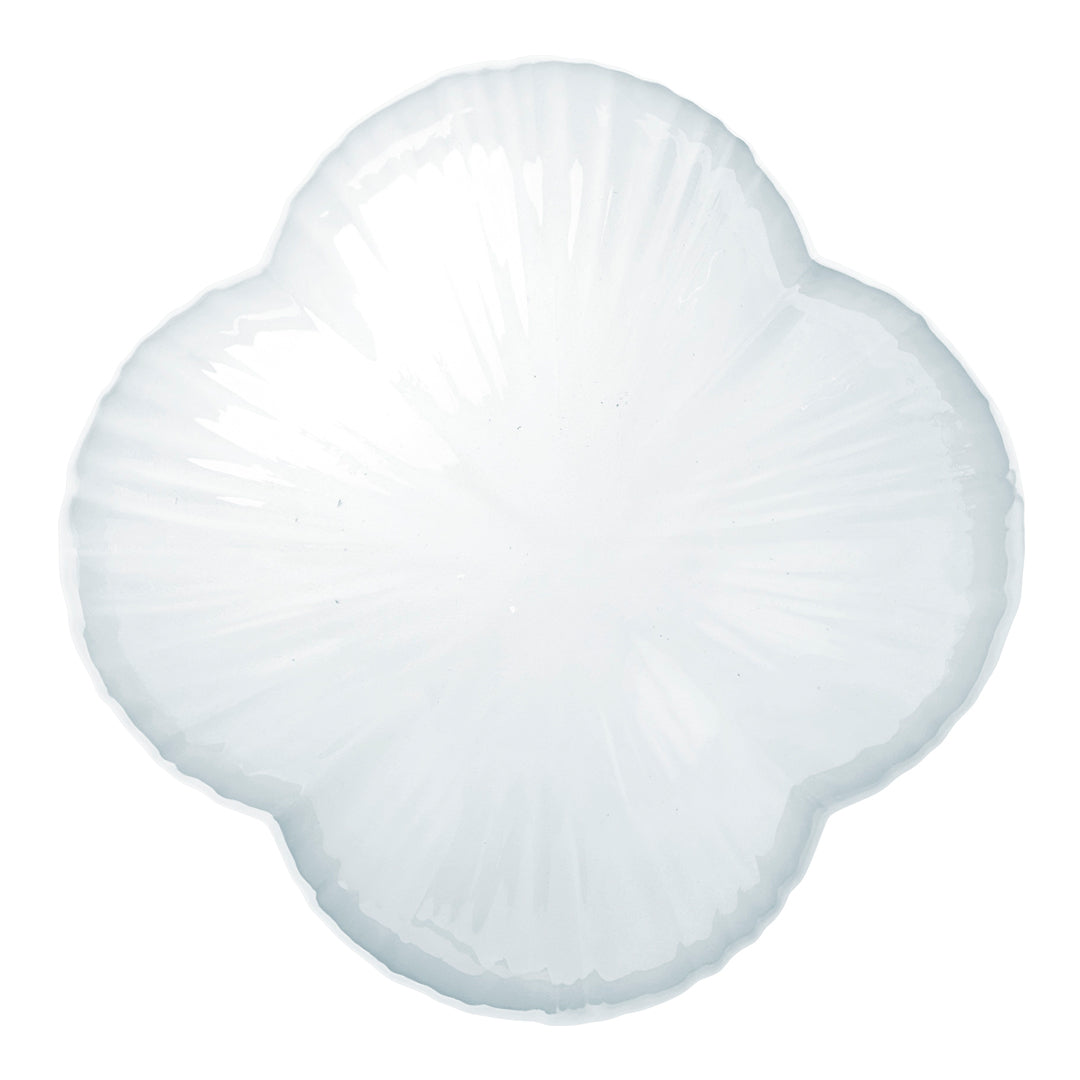 White petal-shaped cushion with a smooth, textured finish, showcasing a subtle shine and elegant design.