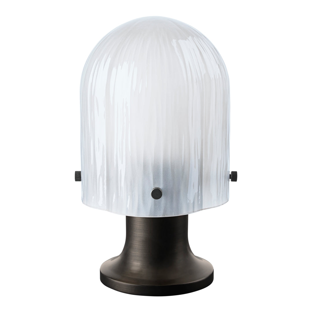 Clear ribbed glass lamp shade with a sleek black base, featuring subtle texture and modern design elements.