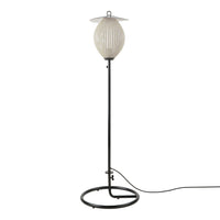 Elegant white ribbed shade on a sleek black metal base, featuring a minimalist and modern design. Perfect for contemporary decor.