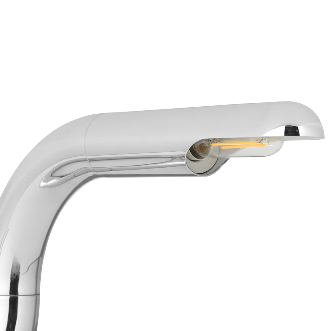Sleek chrome finish with curved design, featuring a subtle gold accent near the light. Perfect for modern decor.