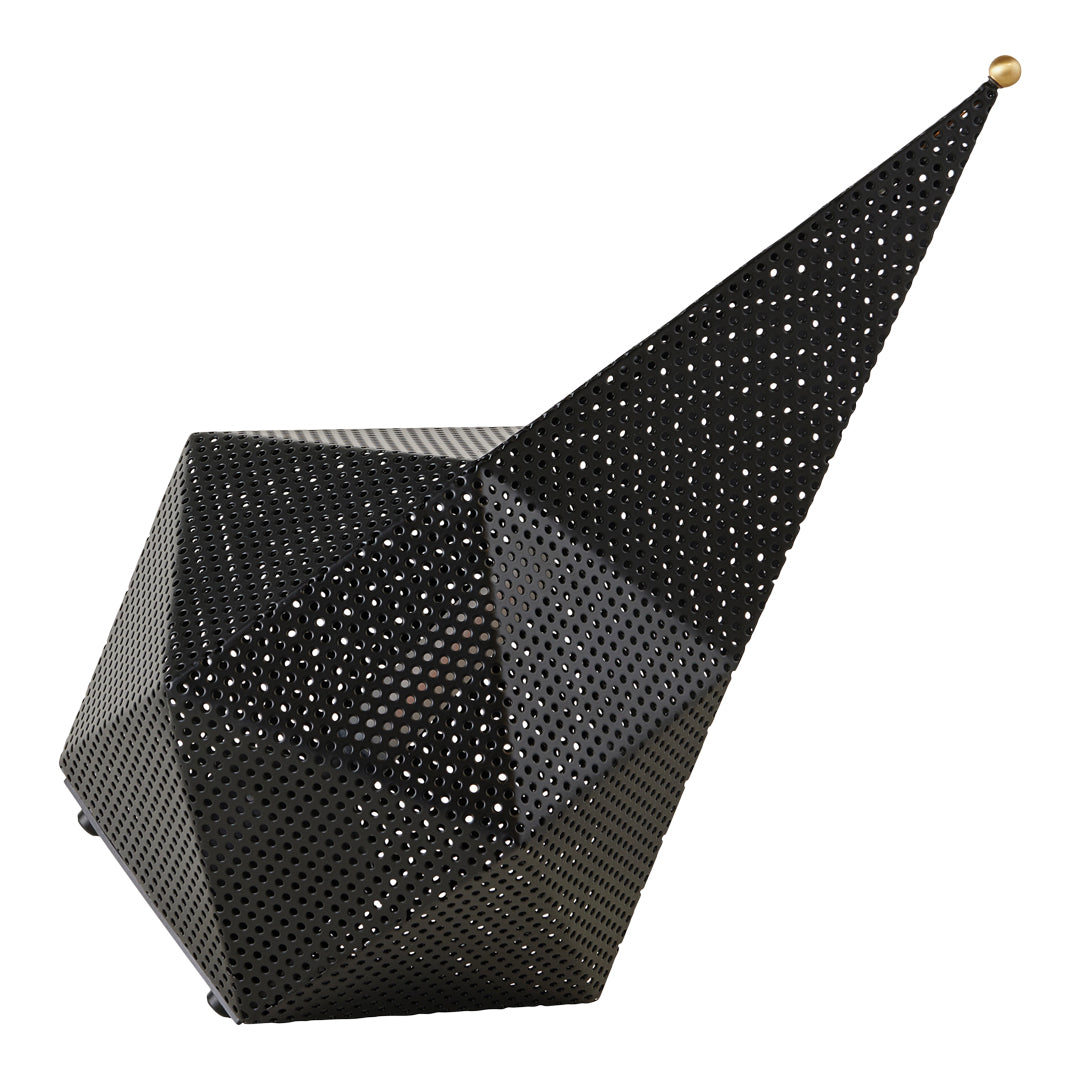 Geometric black metal sculpture with a pointed top and perforated pattern for modern decor.